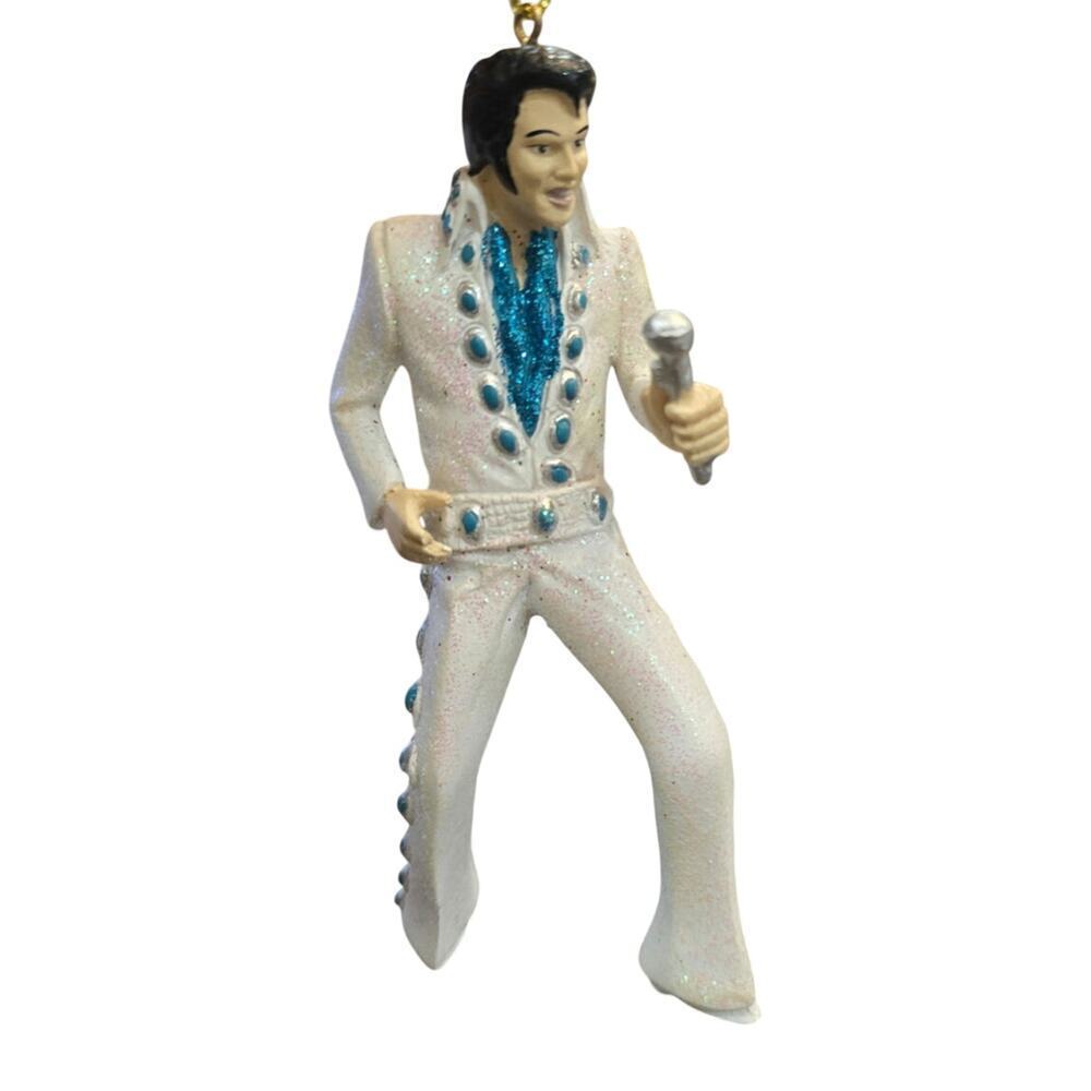 Elvis In White Suit Blue Accents Holding Microphone Ornament